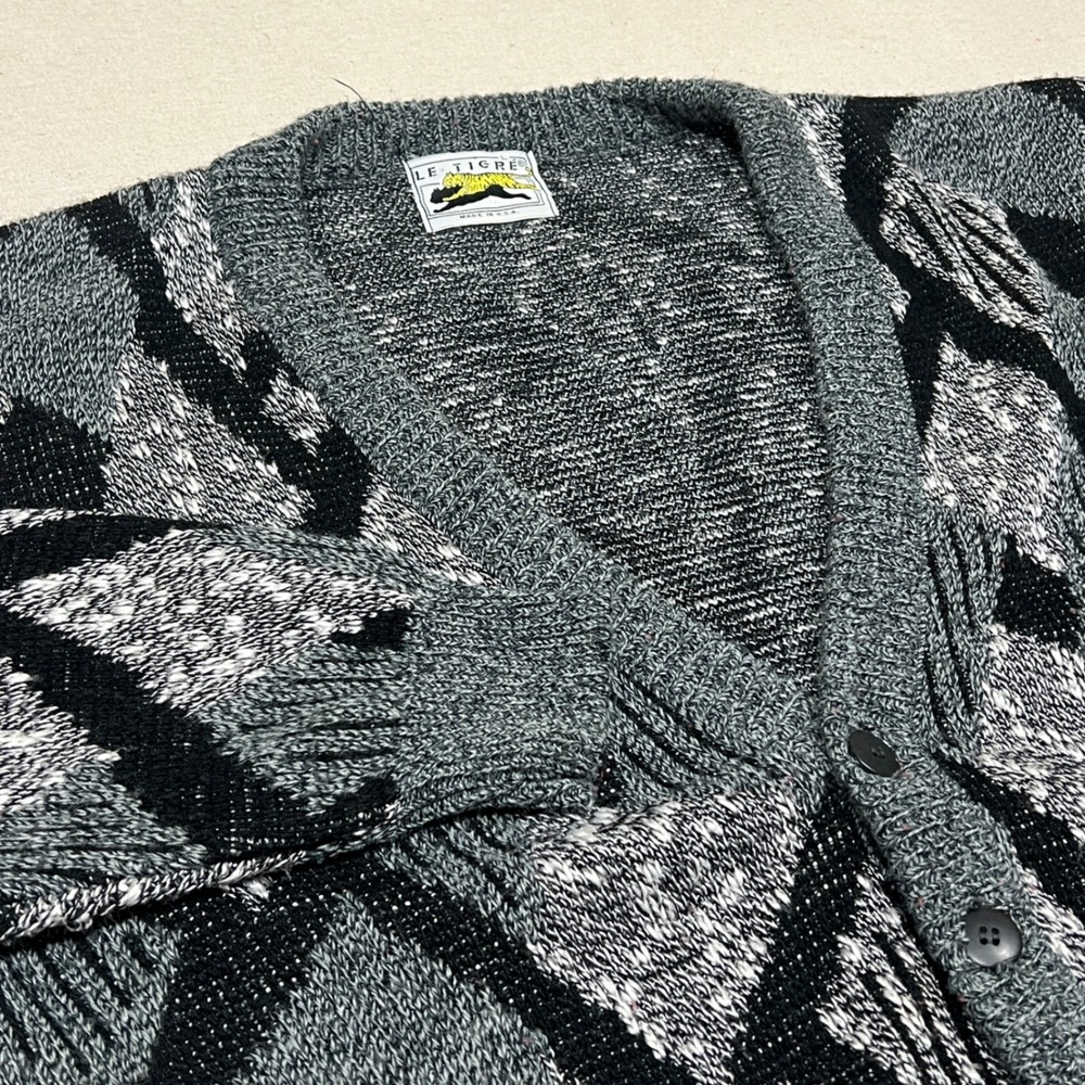Le Tigre Mens Geometric Diamond Cardigan Sweater‎ Gray Black White Vintage 80s